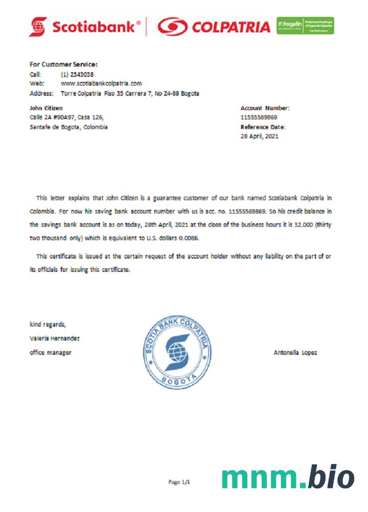 Colombia Scotiabank Colpatria przykład odniesienia w formatach Word i PDF